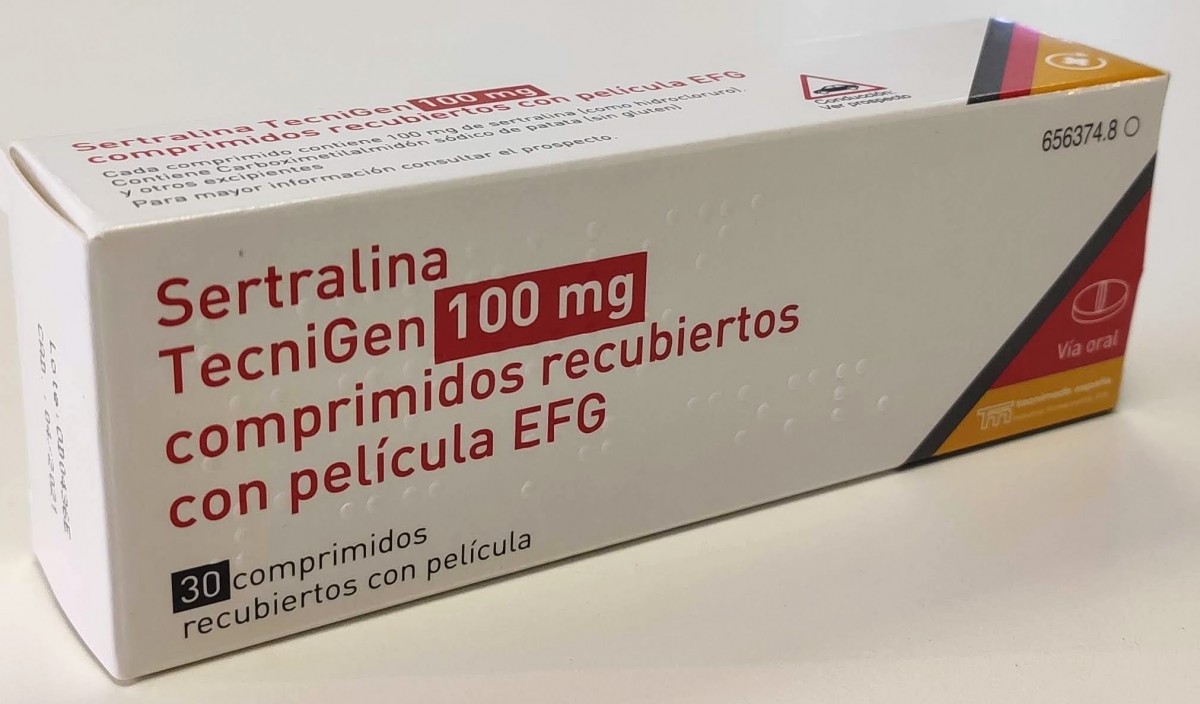 SERTRALINA TECNIGEN 100 mg COMPRIMIDOS RECUBIERTOS CON PELICULA EFG, 30 comprimidos fotografía del envase.