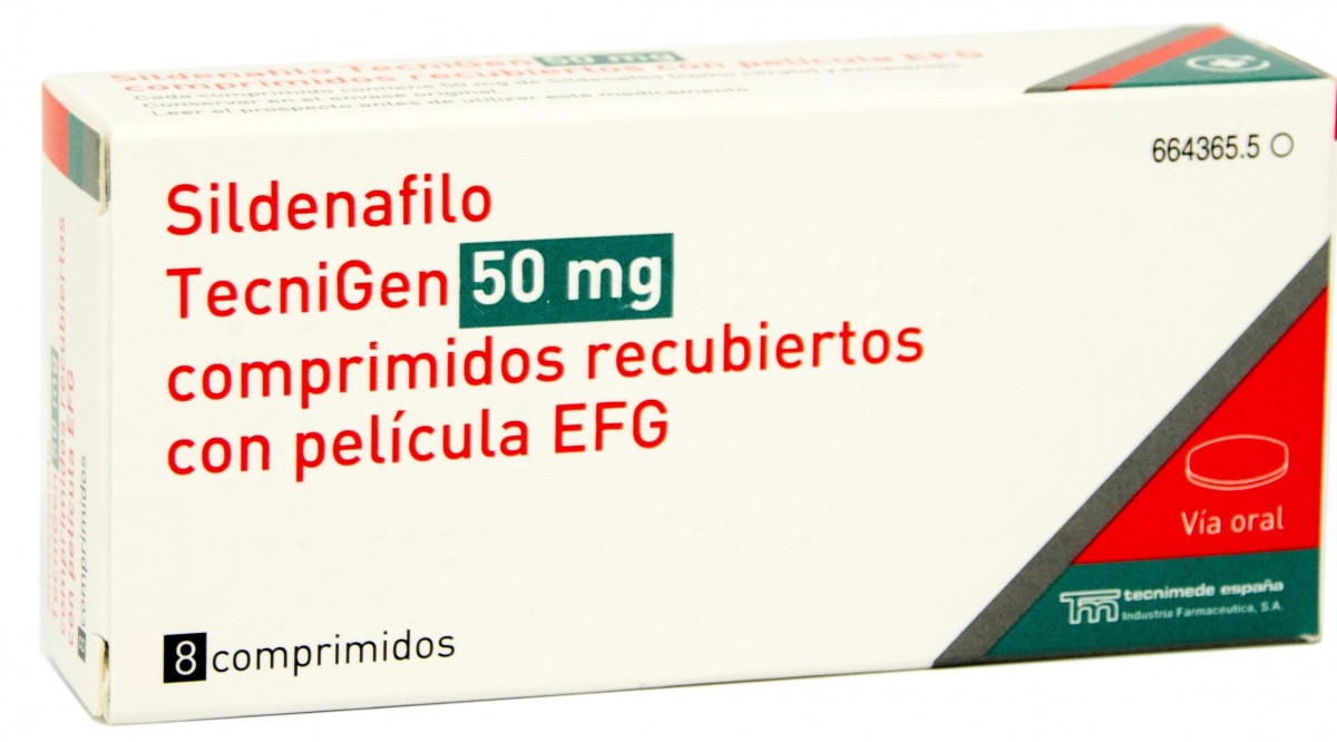 SILDENAFILO TECNIGEN 50 mg COMPRIMIDOS RECUBIERTOS CON PELICULA EFG , 8 comprimidos fotografía del envase.