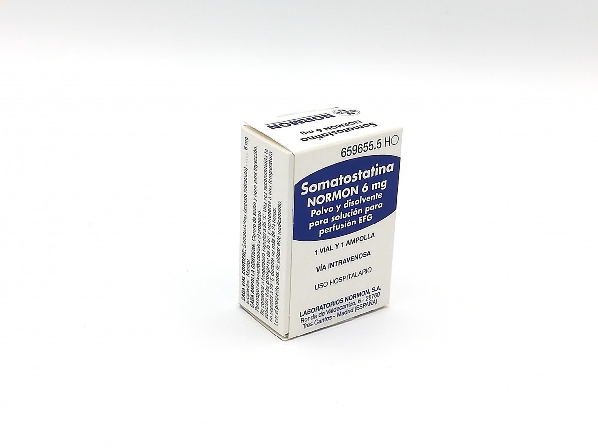 SOMATOSTATINA NORMON 6 mg POLVO Y DISOLVENTE PARA SOLUCION PARA PERFUSION EFG, 1 vial + 1 ampolla de disolvente fotografía del envase.