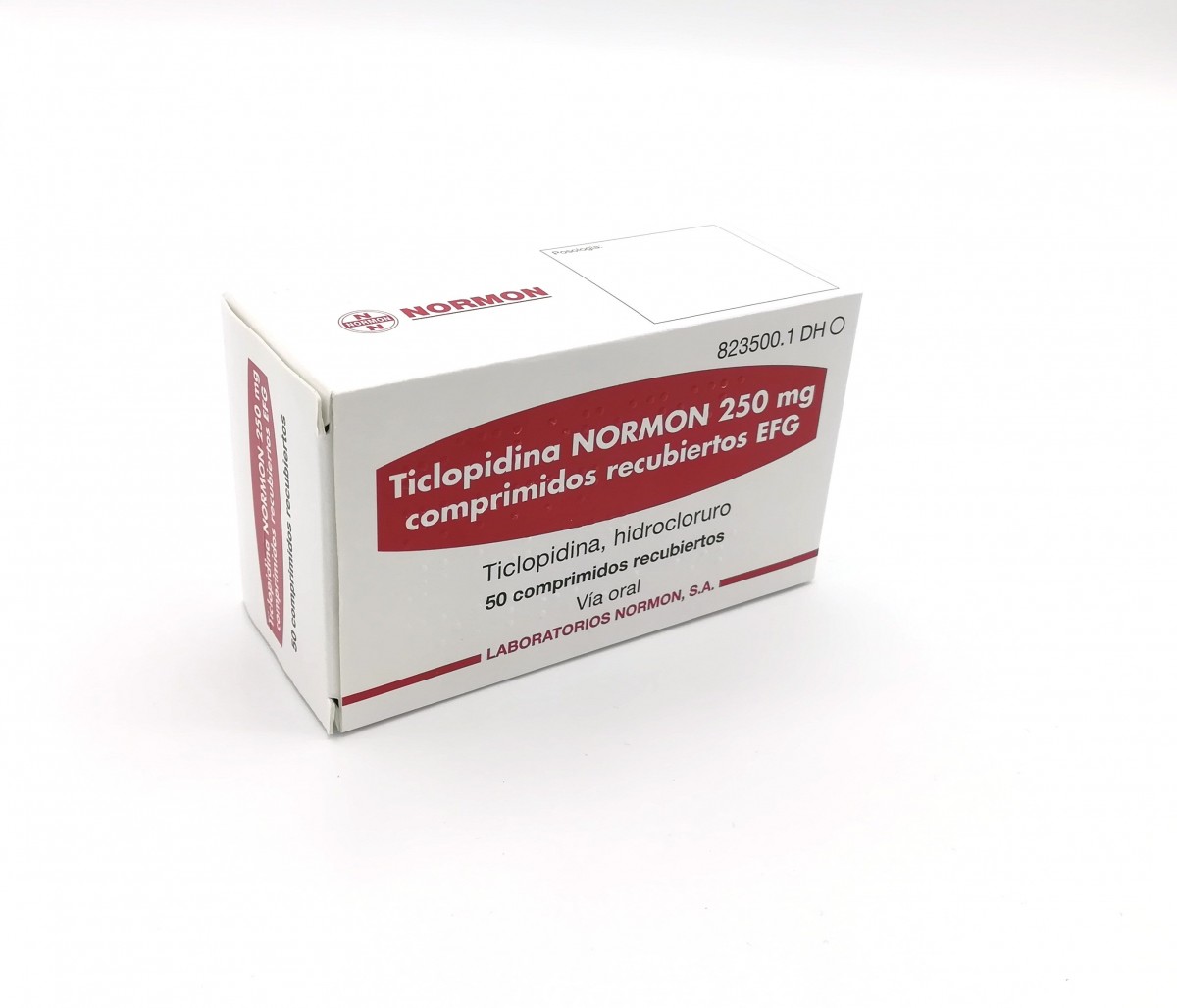 TICLOPIDINA NORMON 250 mg COMPRIMIDOS RECUBIERTOS EFG , 50 comprimidos fotografía del envase.