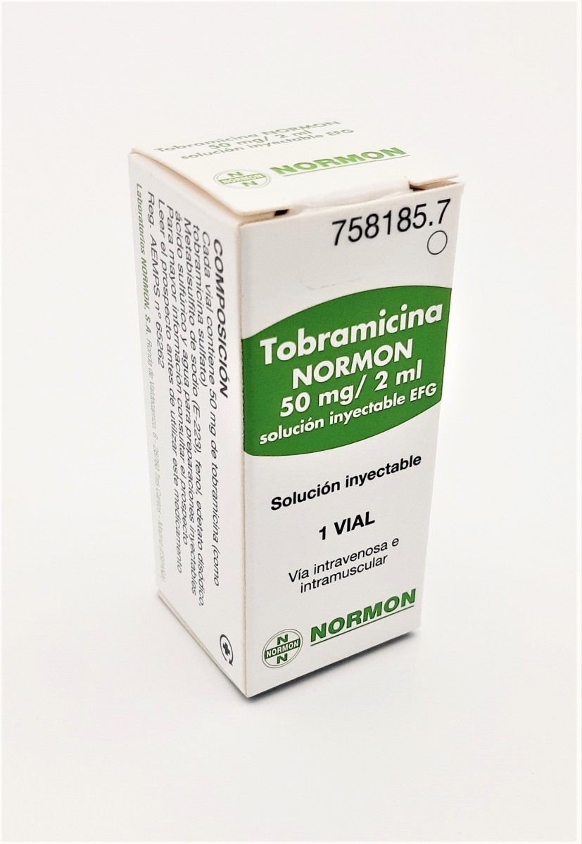 TOBRAMICINA NORMON 50 mg/2 ml SOLUCION INYECTABLE EFG, 1 vial de 2 ml fotografía del envase.