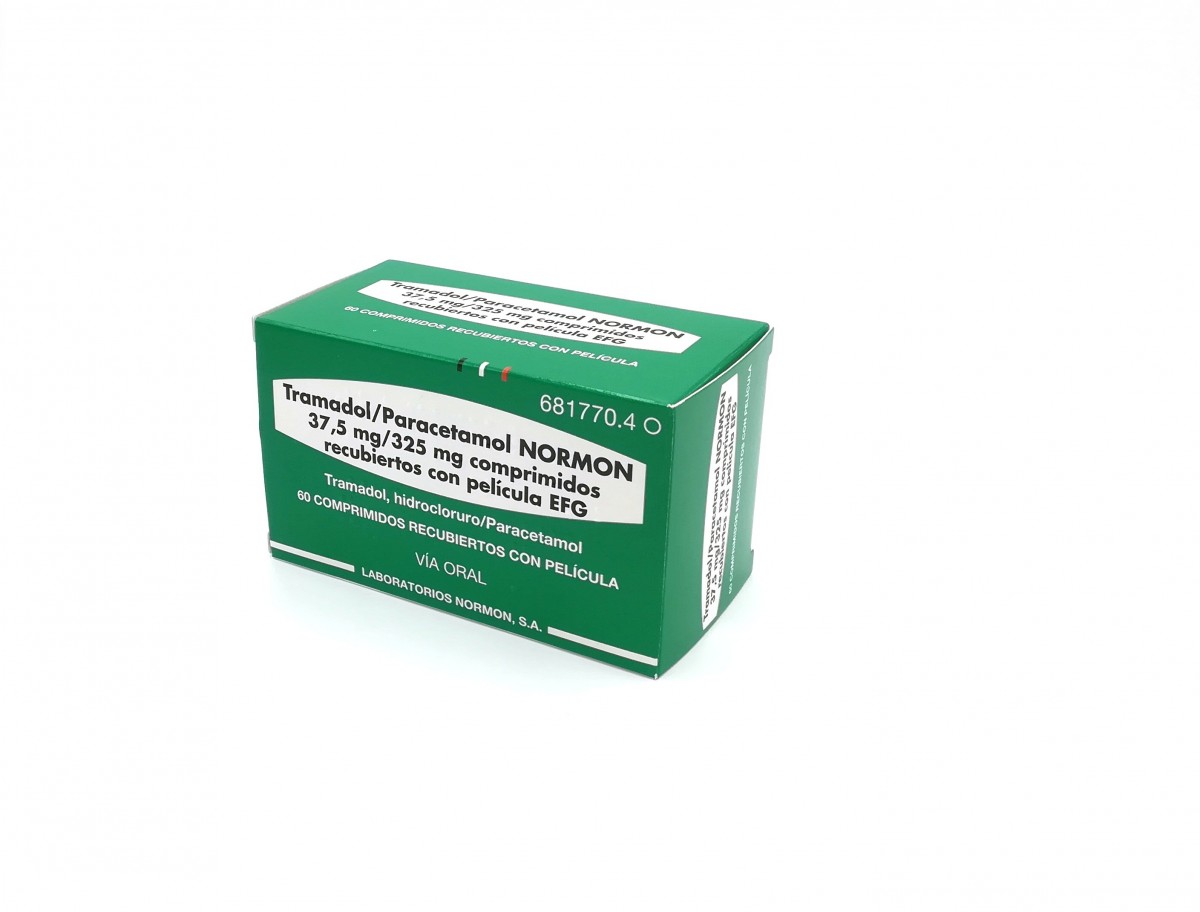 TRAMADOL/PARACETAMOL NORMON 37,5 mg/ 325 mg COMPRIMIDOS RECUBIERTOS CON PELICULA EFG, 500 comprimidos fotografía del envase.