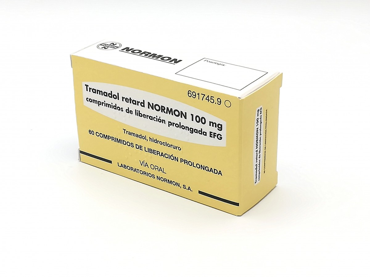 TRAMADOL RETARD NORMON 100 mg COMPRIMIDOS DE LIBERACION PROLONGADA EFG, 60 comprimidos fotografía del envase.