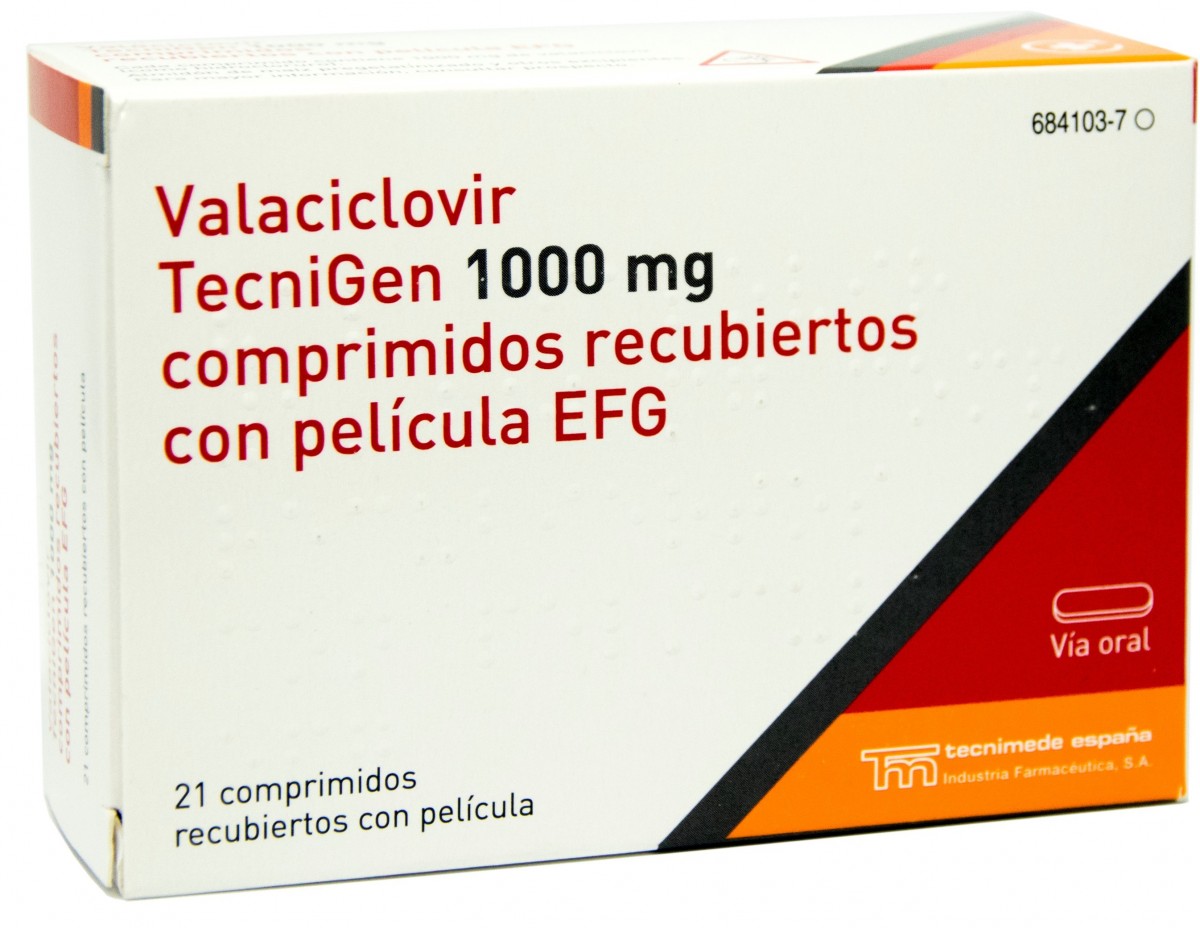 VALACICLOVIR TECNIGEN 1000 mg COMPRIMIDOS RECUBIERTOS CON PELICULA EFG, 21 comprimidos fotografía del envase.
