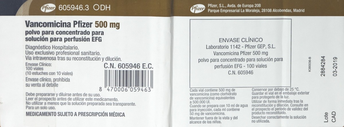 VANCOMICINA PFIZER 500 mg POLVO PARA CONCENTRADO PARA SOLUCION PARA PERFUSION EFG , 100 viales fotografía del envase.