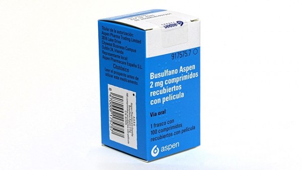 BUSULFANO ASPEN 2 mg COMPRIMIDOS RECUBIERTOS CON PELICULA , 100 comprimidos fotografía del envase.