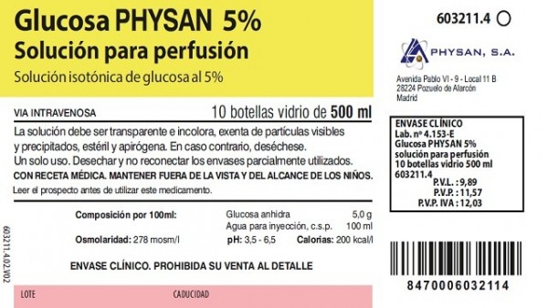 GLUCOSA PHYSAN 5% SOLUCION PARA PERFUSION , 10 bolsas de 1.000 ml (PP) fotografía del envase.