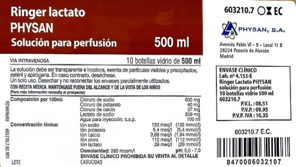 RINGER LACTATO PHYSAN SOLUCION PARA PERFUSION, 10 frascos de 500 ml (PP) fotografía del envase.