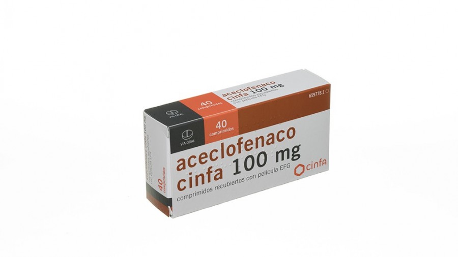 ACECLOFENACO CINFA 100 mg COMPRIMIDOS RECUBIERTOS CON PELICULA EFG , 20 comprimidos fotografía del envase.