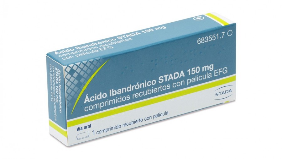 ACIDO IBANDRONICO STADA 150 mg COMPRIMIDOS RECUBIERTOS CON PELICULA EFG , 3 comprimidos fotografía del envase.