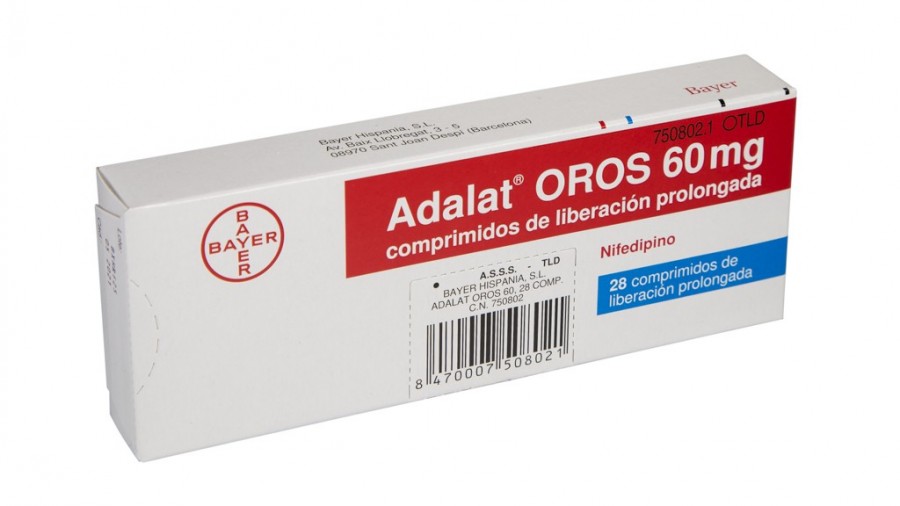 ADALAT OROS 60 mg, COMPRIMIDOS DE LIBERACION PROLONGADA, 500 comprimidos fotografía del envase.
