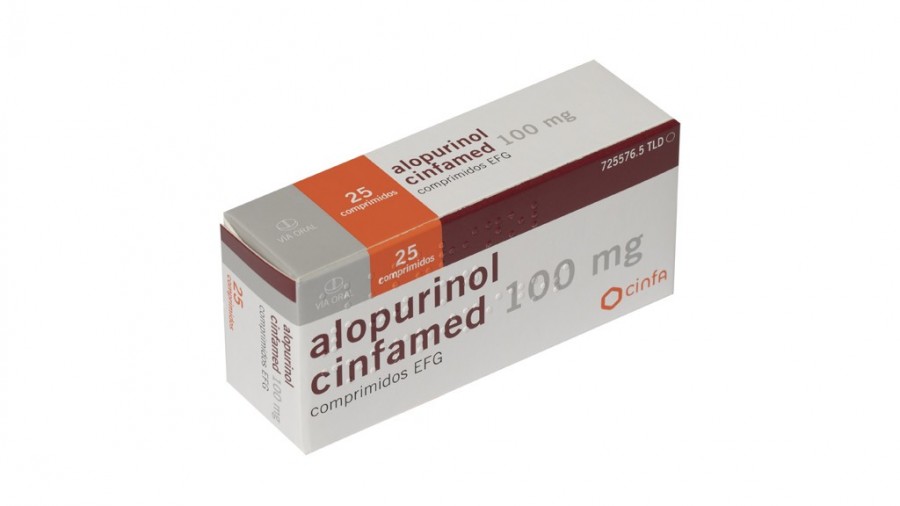ALOPURINOL CINFAMED 100 MG COMPRIMIDOS EFG, 25 comprimidos fotografía del envase.