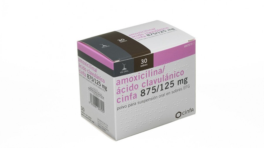 AMOXICILINA/ACIDO CLAVULANICO CINFA 875 mg/125 mg POLVO PARA SUSPENSION ORAL EN SOBRES EFG, 20 sobres fotografía del envase.