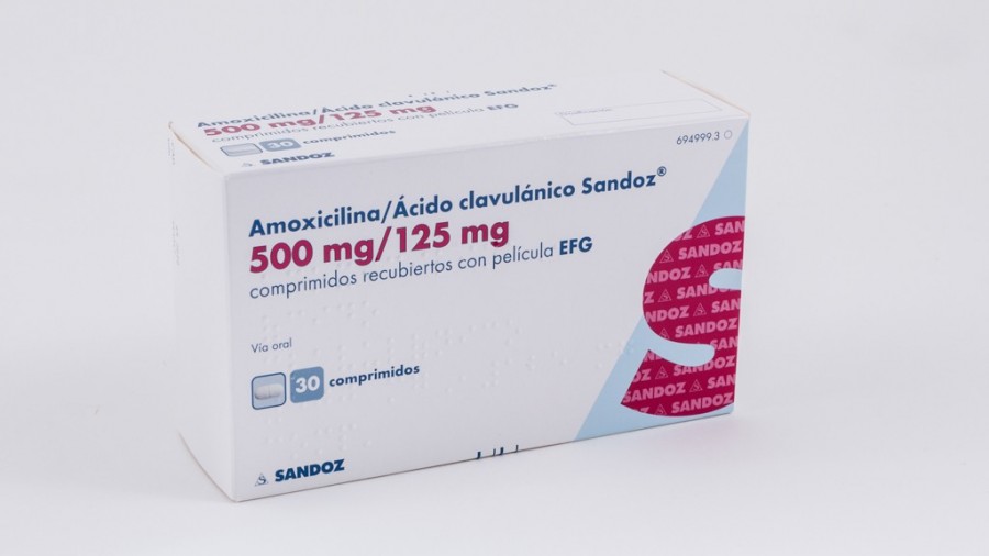 AMOXICILINA/ACIDO CLAVULANICO SANDOZ 500 mg/125 mg COMPRIMIDOS RECUBIERTOS CON PELICULA EFG, 100 comprimidos (Blister Al/PVC/Al) fotografía del envase.