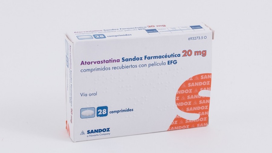 ATORVASTATINA SANDOZ FARMACEUTICA 20 mg COMPRIMIDOS RECUBIERTOS CON PELÍCULA EFG , 28 comprimidos fotografía del envase.
