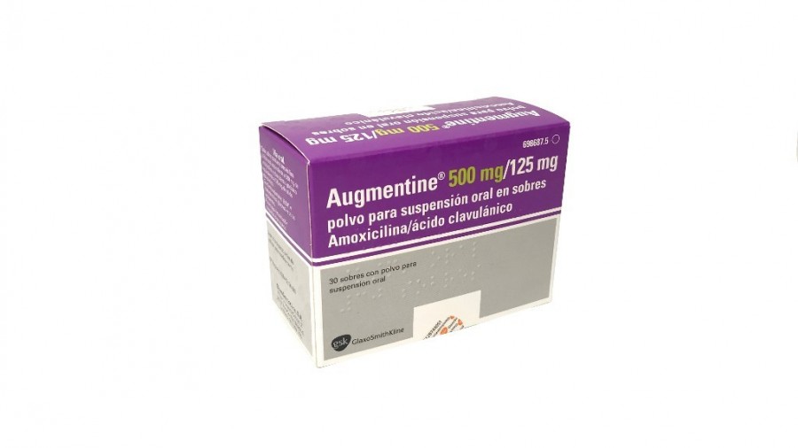 AUGMENTINE 500 mg/125 mg POLVO PARA SUSPENSION ORAL EN SOBRES , 24 sobres fotografía del envase.