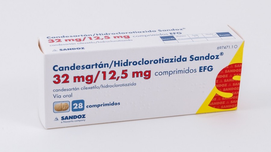 CANDESARTAN/HIDROCLOROTIAZIDA SANDOZ 32 MG/12,5MG COMPRIMIDOS EFG , 28 comprimidos fotografía del envase.