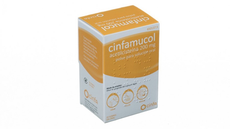 CINFAMUCOL ACETILCISTEINA 200 mg POLVO PARA SOLUCION ORAL , 20 sobres fotografía del envase.