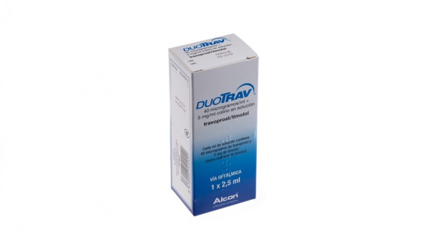 DUOTRAV 40 microgramos/ml + 5 mg/ml COLIRIO EN SOLUCION, 1 frasco de 2,5 ml fotografía del envase.