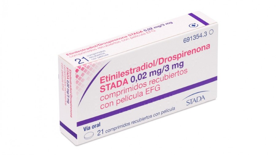 ETINILESTRADIOL/DROSPIRENONA STADA 0,02 mg/3 mg COMPRIMIDOS RECUBIERTOS CON PELICULA EFG, 63 (3 x 21) comprimidos fotografía del envase.