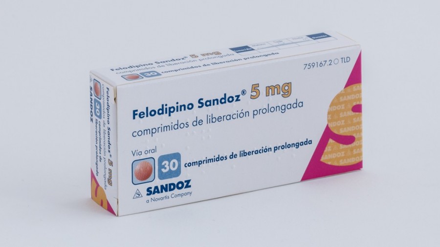 FELODIPINO SANDOZ 5 mg COMPRIMIDOS DE LIBERACIÓN PROLONGADA, 30 comprimidos fotografía del envase.