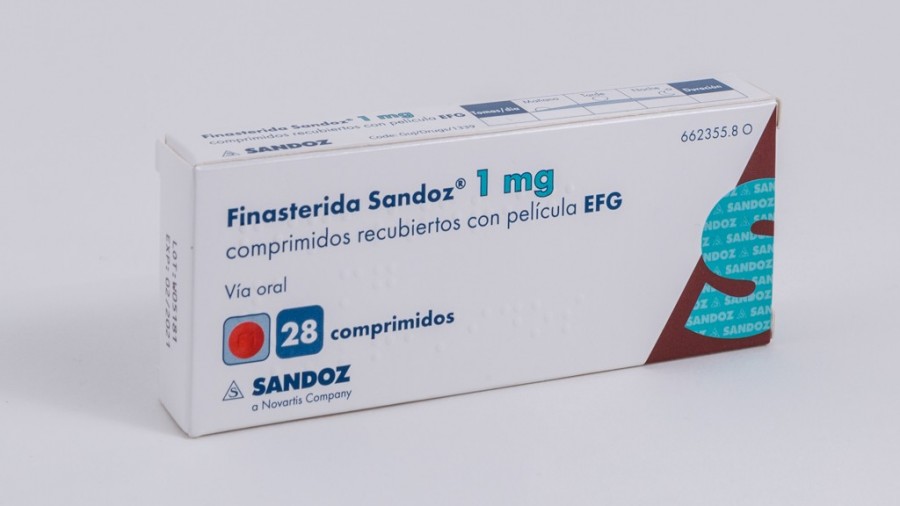 FINASTERIDA SANDOZ 1 mg COMPRIMIDOS RECUBIERTOS CON PELICULA EFG, 28 comprimidos fotografía del envase.
