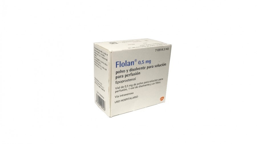 FLOLAN 0,5 mg POLVO Y DISOLVENTE PARA SOLUCION PARA PERFUSION, 1 vial + 1 vial de disolvente fotografía del envase.