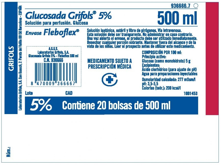 GLUCOSADA GRIFOLS 5% SOLUCION PARA PERFUSION ,  75 bolsas de 100 ml conteniendo 50 ml FLEBOFLEX LUER) fotografía del envase.