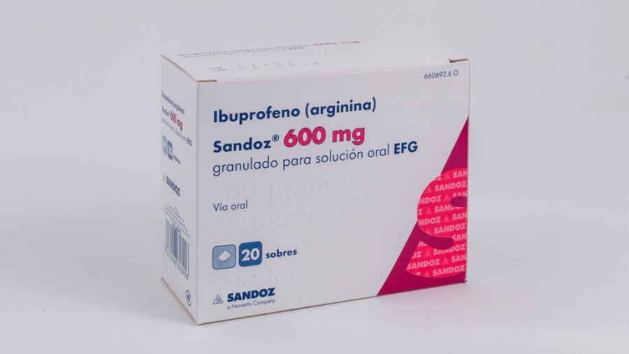IBUPROFENO (ARGININA) SANDOZ 600 mg GRANULADO PARA SOLUCION ORAL EFG , 40 sobres fotografía del envase.