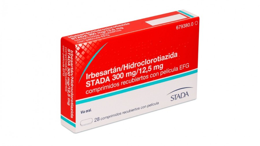 IRBESARTAN/HIDROCLOROTIAZIDA STADA 300 mg/12,5 mg COMPRIMIDOS RECUBIERTOS CON PELICULA EFG, 28 comprimidos fotografía del envase.