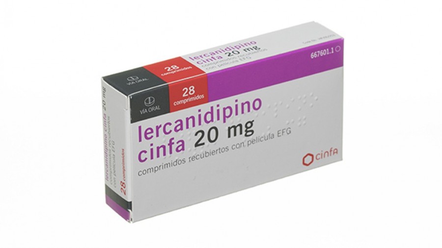 LERCANIDIPINO CINFA 20 mg COMPRIMIDOS RECUBIERTOS CON PELICULA EFG , 28 comprimidos fotografía del envase.