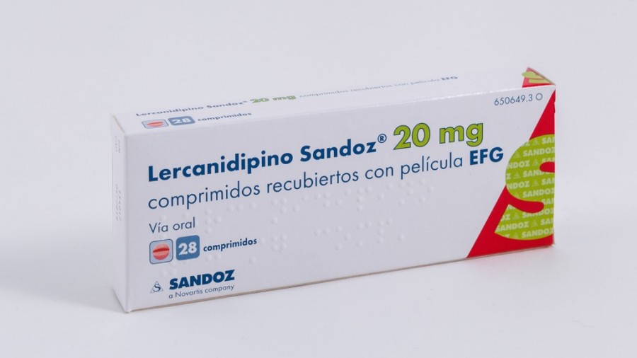 LERCANIDIPINO SANDOZ 20 mg COMPRIMIDOS RECUBIERTOS CON PELICULA EFG , 28 comprimidos fotografía del envase.