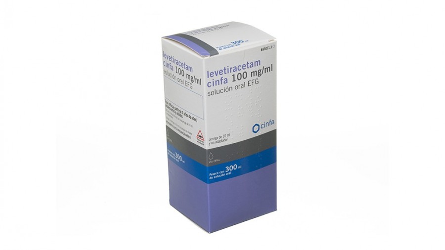 LEVETIRACETAM CINFA 100 MG/MLl SOLUCION ORAL EFG , 1 frasco de 300 ml con jeringa oral de 10 ml fotografía del envase.