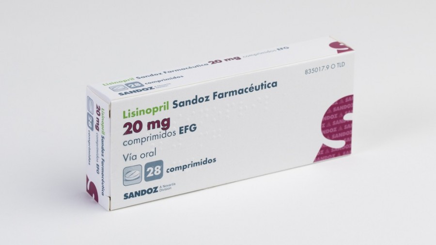 LISINOPRIL SANDOZ FARMACEUTICA 20 mg COMPRIMIDOS EFG , 28 comprimidos fotografía del envase.