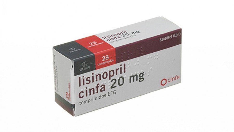 LISINOPRIL CINFA  20 mg COMPRIMIDOS EFG , 28 comprimidos fotografía del envase.