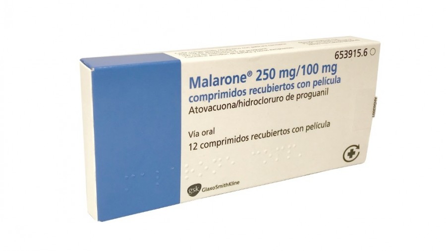 MALARONE 250 mg/100 mg COMPRIMIDOS RECUBIERTOS CON PELICULA, 12 comprimidos fotografía del envase.