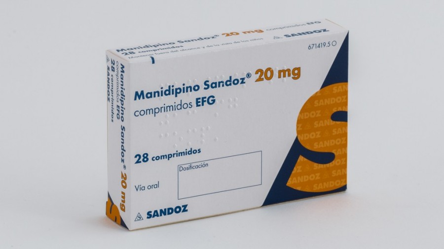 MANIDIPINO SANDOZ 20 mg COMPRIMIDOS EFG, 28 comprimidos fotografía del envase.