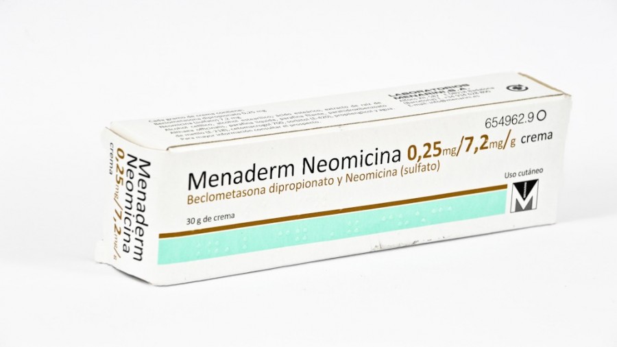 MENADERM  NEOMICINA 0,25 mg/ 7,2 mg/ g CREMA , 1 tubo de 30 g fotografía del envase.
