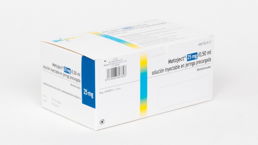 METOJECT 25 mg/ 0,50 ml SOLUCION INYECTABLE EN JERINGA PRECARGADA , 4 jeringas precargadas de 0,5 ml fotografía del envase.