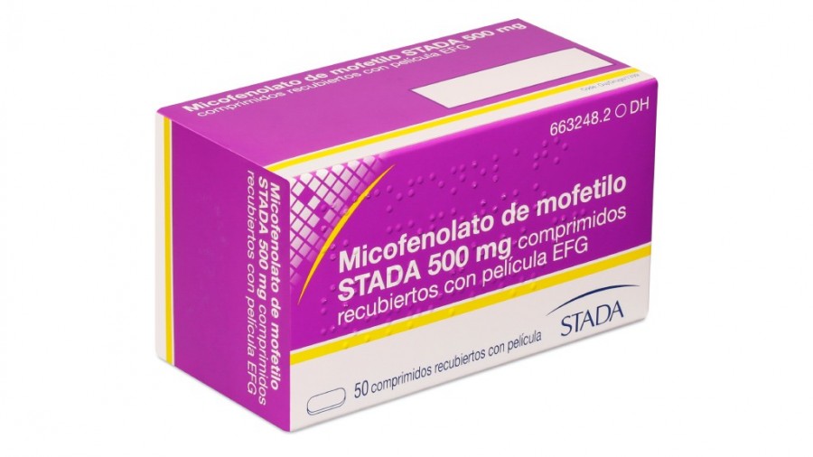 MICOFENOLATO DE  MOFETILO STADA 500 mg COMPRIMIDOS RECUBIERTOS CON PELICULA EFG, 50 comprimidos fotografía del envase.