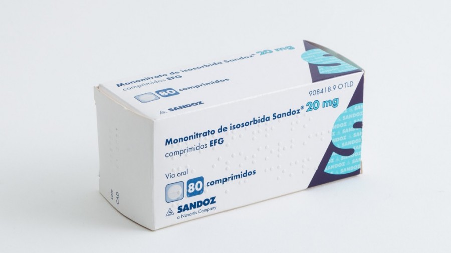 MONONITRATO DE ISOSORBIDA SANDOZ 20 mg COMPRIMIDOS EFG , 80 comprimidos fotografía del envase.