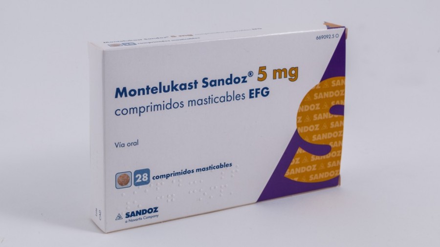 MONTELUKAST SANDOZ 5 mg COMPRIMIDOS MASTICABLES EFG, 28 comprimidos fotografía del envase.