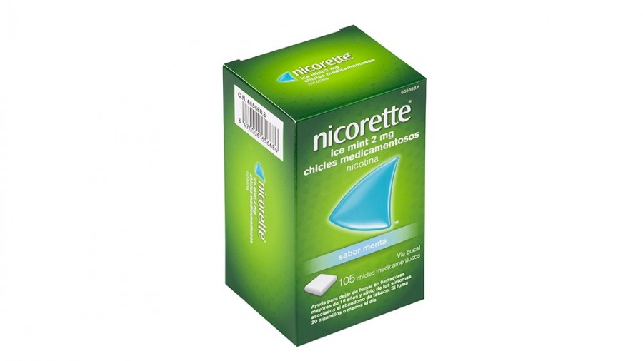 NICORETTE ICE MINT 2 mg CHICLES MEDICAMENTOSOS, 105 chicles fotografía del envase.