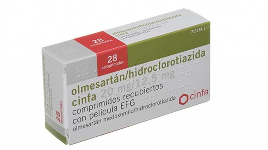 olmesartan / hidroclorotiazida cinfa 20 mg / 12,5 mg comprimidos recubiertos con pelicula EFG, 28 comprimidos fotografía del envase.