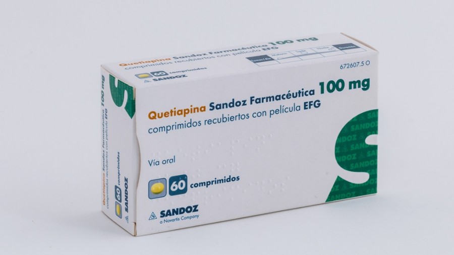 QUETIAPINA SANDOZ FARMACEUTICA 100 mg COMPRIMIDOS RECUBIERTOS CON PELICULA EFG , 60 comprimidos fotografía del envase.