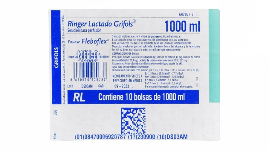 RINGER LACTADO GRIFOLS SOLUCION PARA PERFUSION, 10 bolsas de 1.000 ml (FLEBOFLEX) fotografía del envase.