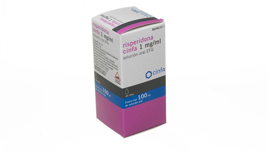 RISPERIDONA CINFA 1 mg/ml SOLUCION ORAL EFG, 1 frasco de 100 ml fotografía del envase.