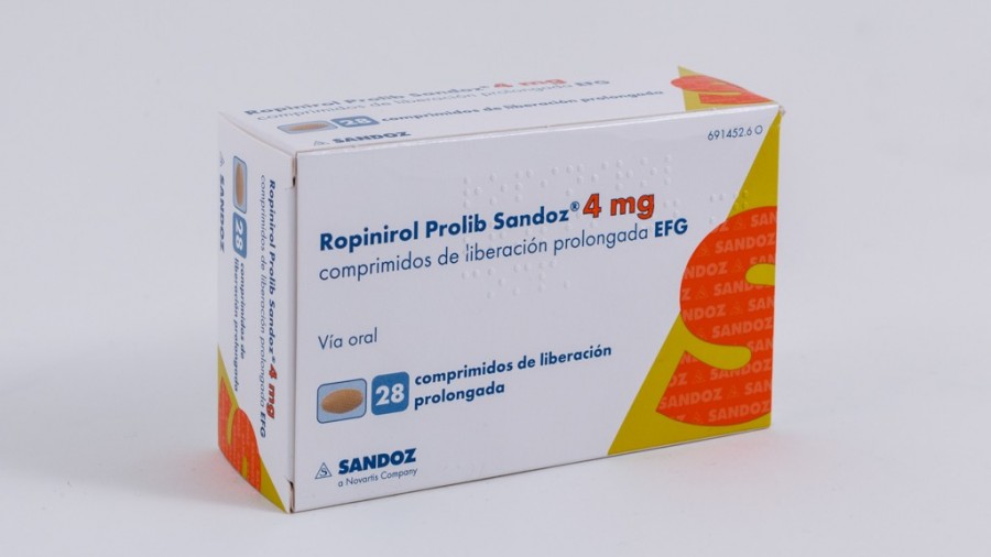 ROPINIROL PROLIB SANDOZ 4 mg COMPRIMIDOS DE LIBERACION PROLONGADA EFG, 28 comprimidos fotografía del envase.
