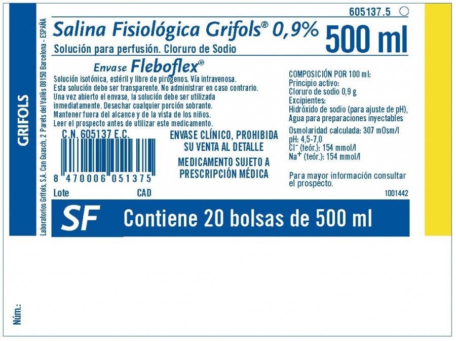 SALINA FISIOLOGICA GRIFOLS 0,9% SOLUCION PARA PERFUSION, 10 frascos de 500 ml conteniendo 250 ml (VIDRIO) fotografía del envase.