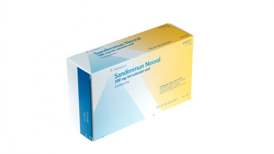 SANDIMMUN NEORAL 100 mg/ml SOLUCION ORAL , 1 frasco de 50 ml con jeringa dosificadora fotografía del envase.